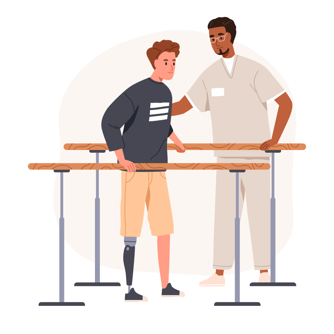 Physiotherapeut unterstützt jungen Patienten mit Beinprothese bei einer Gehübungs-Trainingseinheit an Parallelbarren