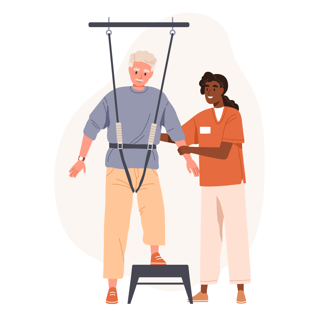 Physiotherapeutin unterstützt älteren Patienten bei einer Gleichgewichtsübung mit Therapieseilen